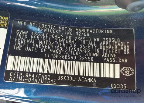 2006 Toyota Avalon Xl из США, поврежденный, VIN 4T1BK36B56U128258